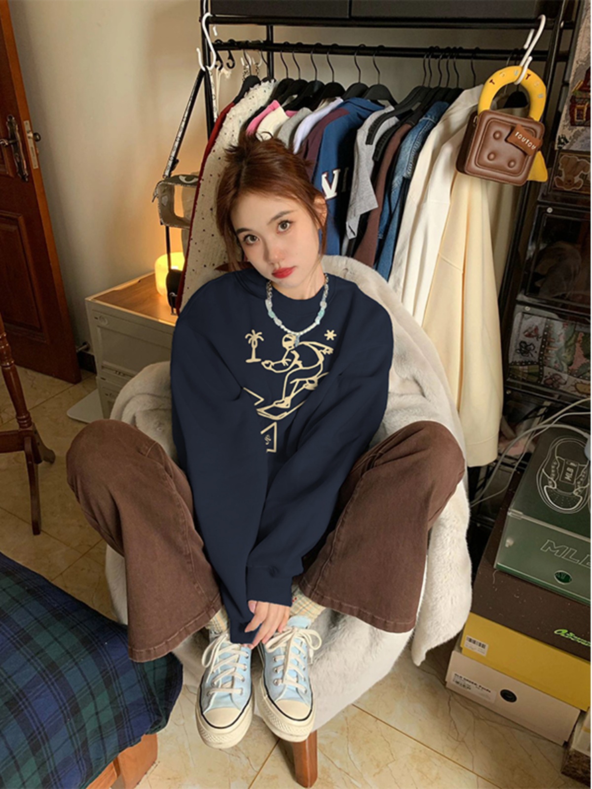 2023 New Chinese Cotton Composite Thin Style 310g/Fleece 410g Autumn and Winter Sweater Women's Printed Loose Large Size