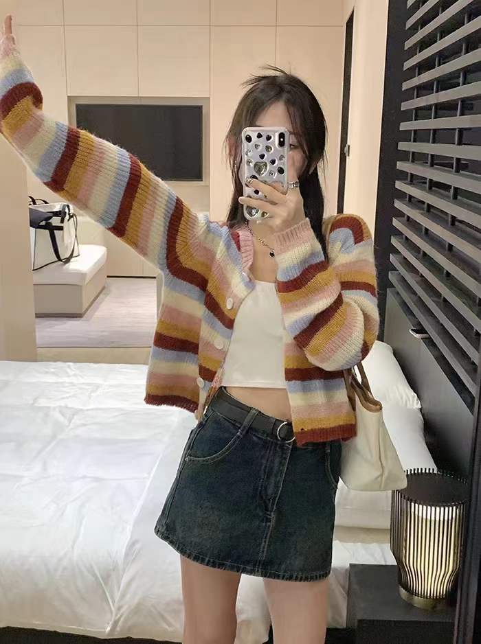 Korean rainbow stripe knitted cardigan sweater jacket for women spring and autumn new style gentle loose round neck short top