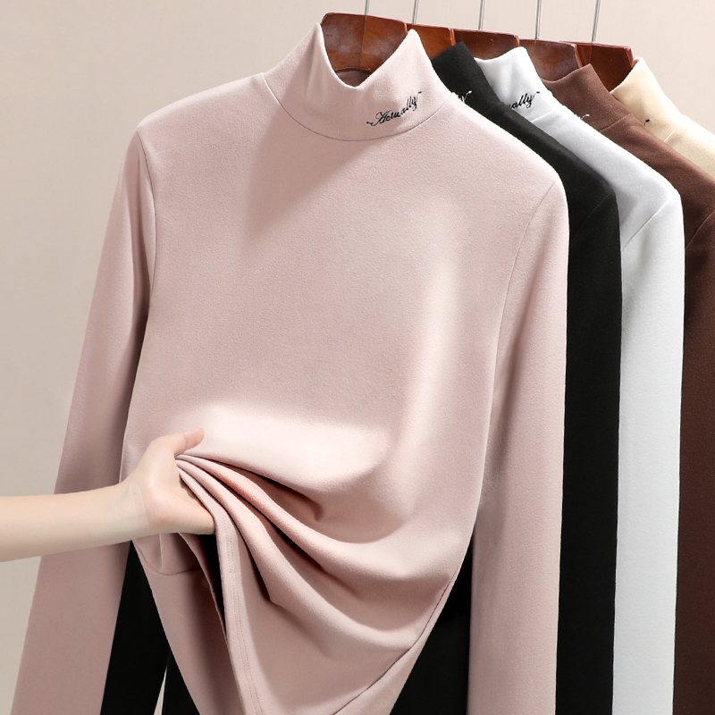 German velvet half turtleneck bottoming shirt for women in autumn and winter, fashionable and versatile 2023 black long-sleeved T-shirt for women, slim fit top