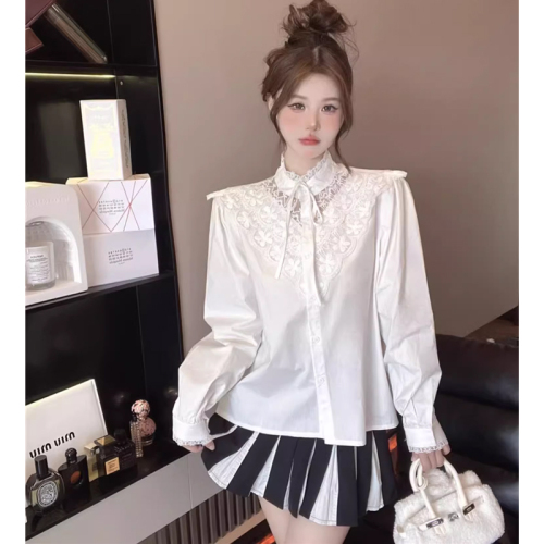 Sexy lace blouse women's high-end design niche autumn and winter new style unique long-sleeved top