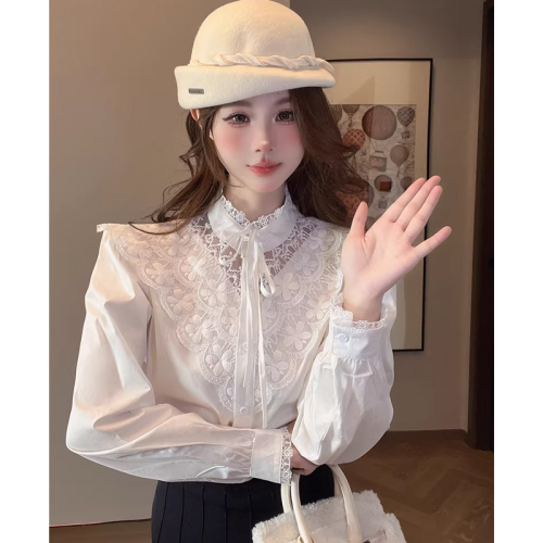 Sexy lace blouse women's high-end design niche autumn and winter new style unique long-sleeved top