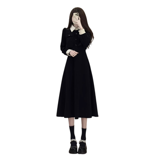 Autumn and winter  new black fake two-piece dress for women French high-end Hepburn waist slimming long dress