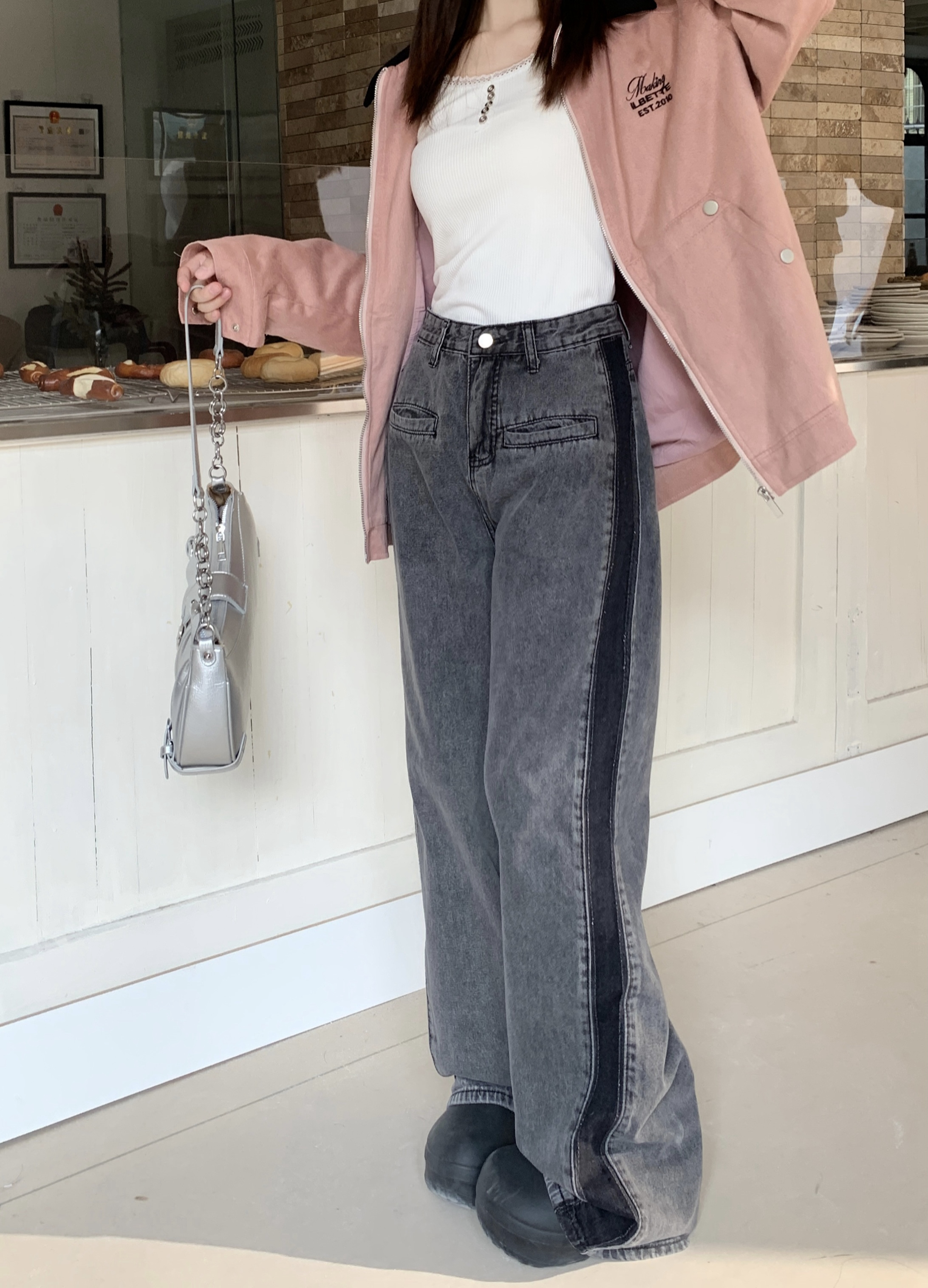 Jeans women's new loose wide-leg straight pants high-waisted drapey patchwork floor-length pants