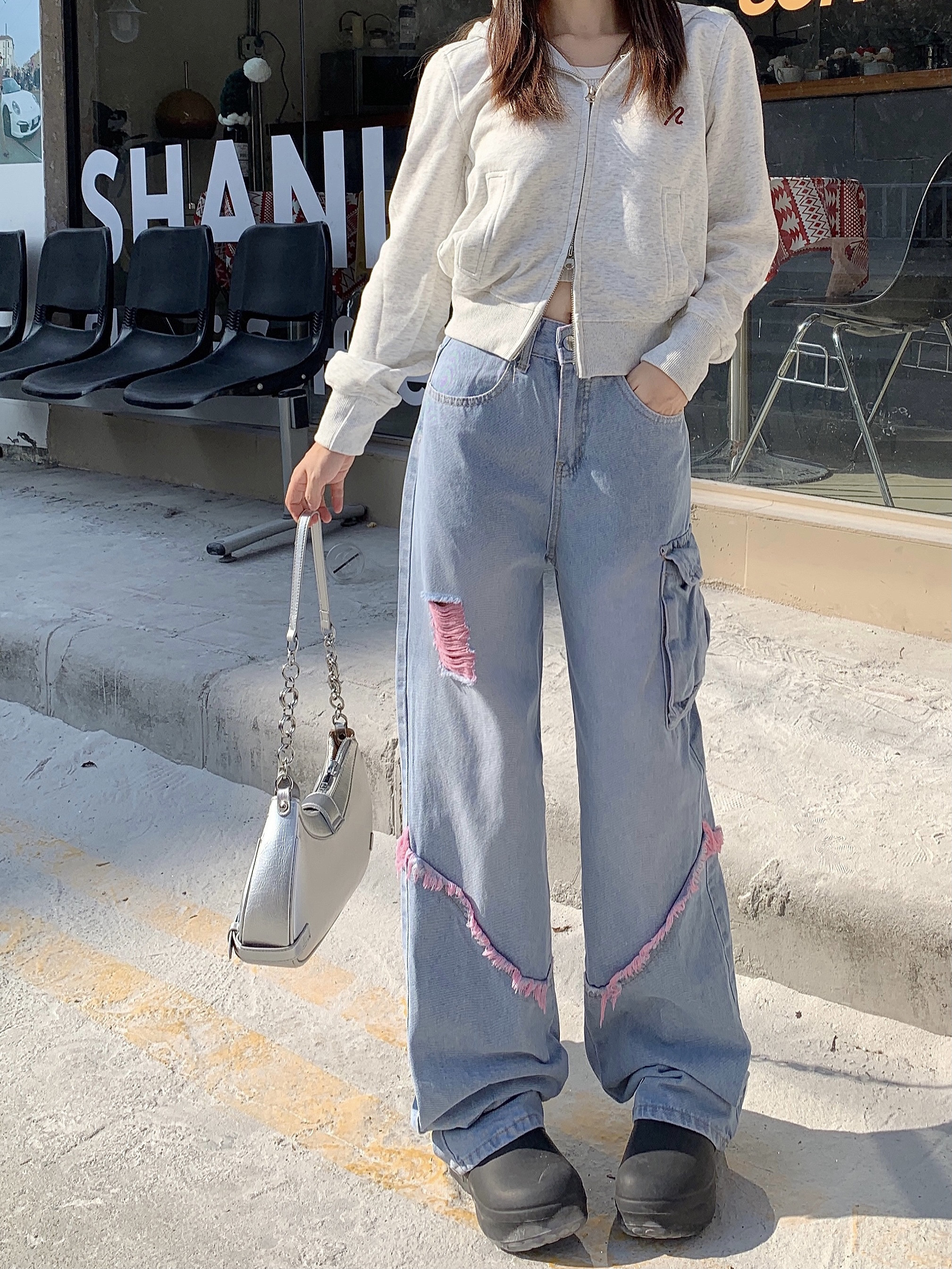 Distressed retro design high-waist work jeans for hot girls, loose slimming floor-length pants