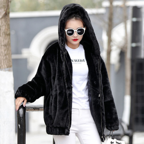 Velvet thickened imitation rabbit fur hooded jacket for women mid-length 2023 winter new Korean style loose plush long sleeves