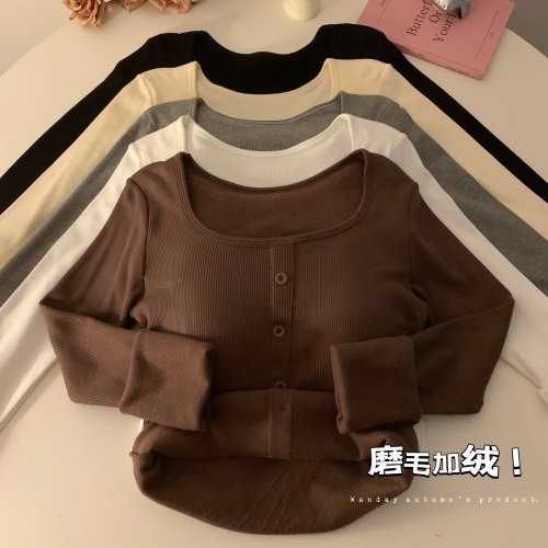 Real shot of autumn and winter warm brushed plus velvet thickened square collar inner clavicle bottoming shirt slim long-sleeved top for women