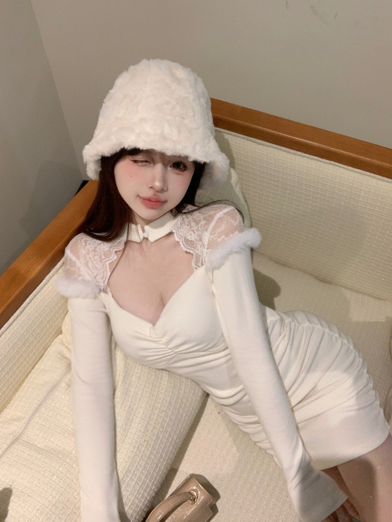 Real shot of Pure Lust Lace Spliced ​​Hollow Long Sleeve Dress Autumn and Winter Sexy Hot Girl Slim Fit Hip Skirt