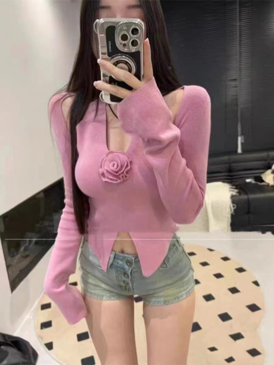 2023秋冬新款韓版高級感露肩立體花朵下擺弧形開叉長袖上衣女