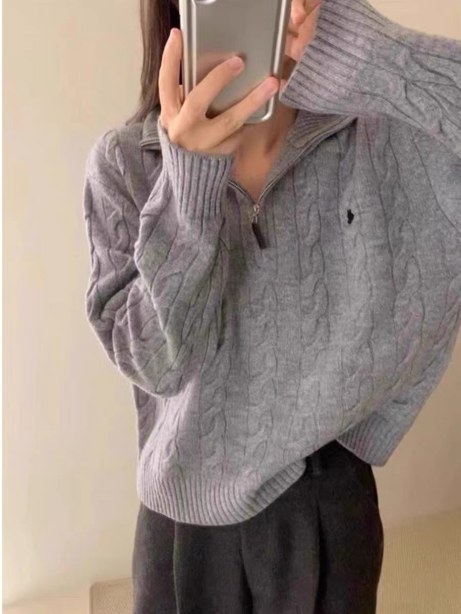 2023秋冬美式半拉鏈高領Polo針織衫上衣女寬鬆慵懶風絞花套頭毛衣