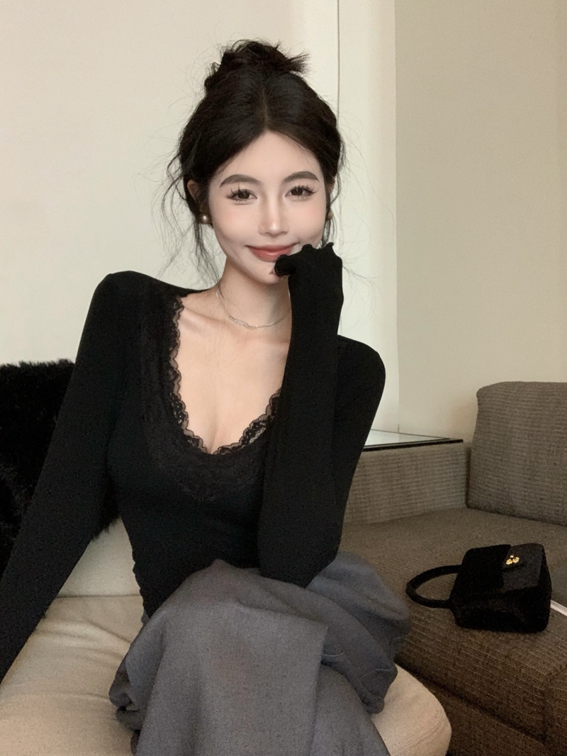 實拍蕾絲與溫柔胸大腰細蕾絲領長袖打底衫內搭彈力V領秋冬T恤