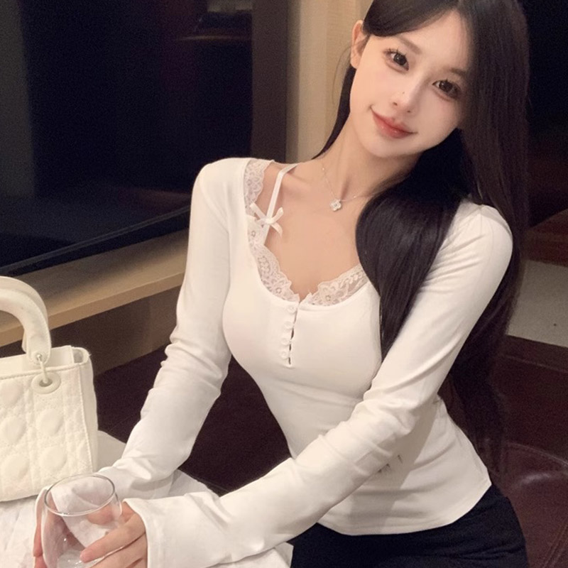 Lace stitching body-shaping T-shirt for women 2023 autumn and winter inner layering shirt pure lust sexy tight top