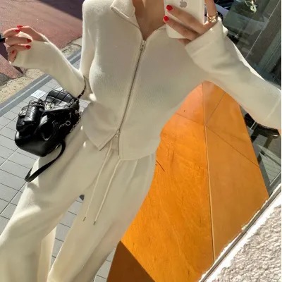 Korea Dongdaemun zipper stand collar top + straight casual pants set two-piece set