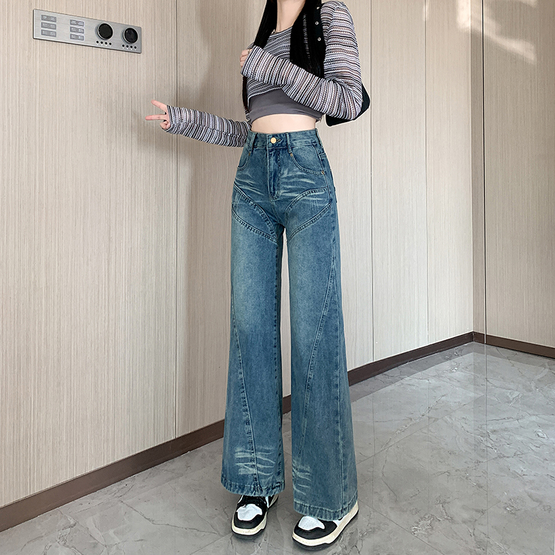 Real shot ~ Retro washed jeans for women in autumn, American hottie slimming wide-leg pants, long pants with design