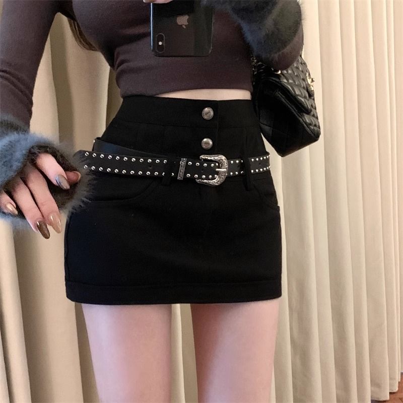 Black woolen skirt for women autumn and winter 2023 new hot girl high-waisted slim skirt tight a-line hip-hugging short skirt