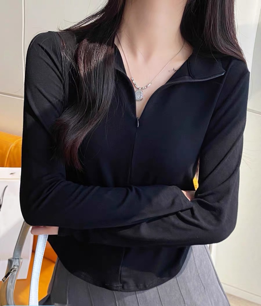 Half-zip, half-turtleneck bottoming shirt, women's inner style top, autumn and winter training clothes, velvet thickened short top
