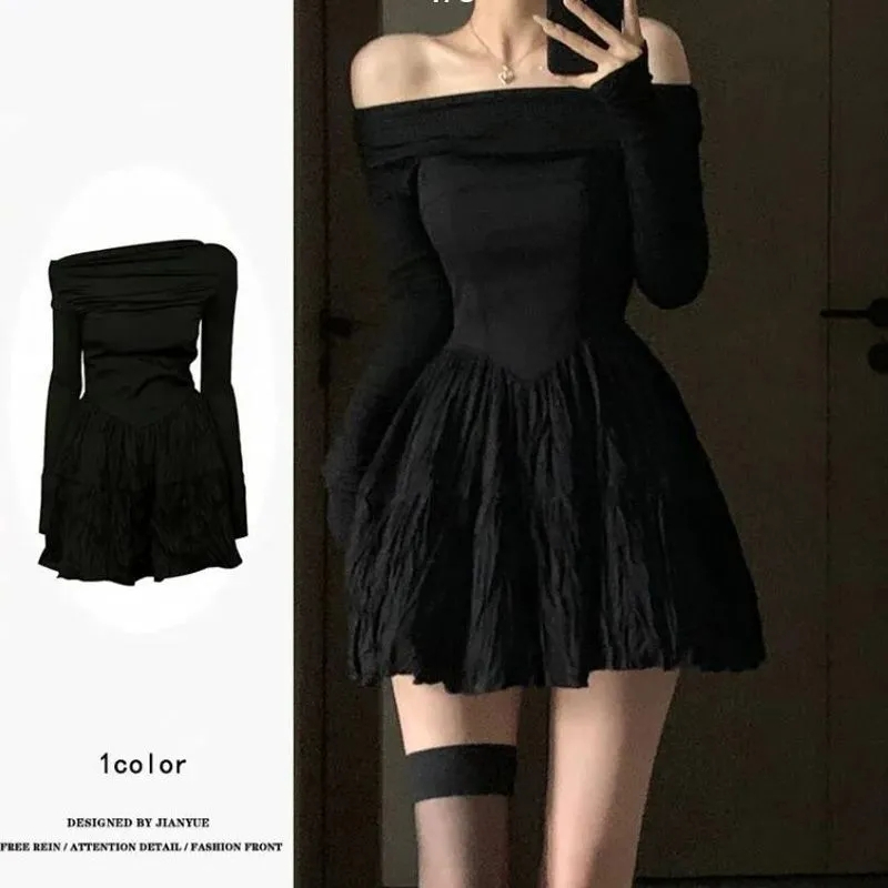 One shoulder niche slimming short skirt temperament black design pleated a-line skirt long-sleeved dress spring and autumn women