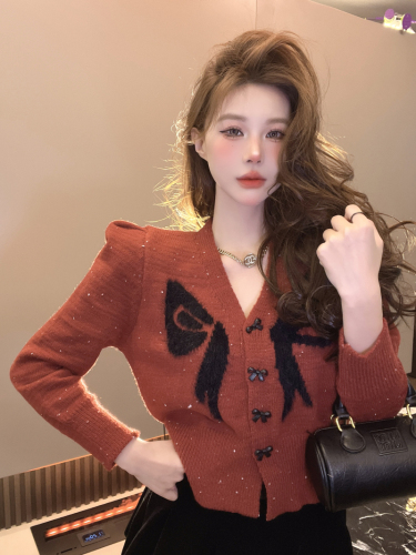 Actual shot~Autumn and winter new Korean style bow V-neck sequined puff sleeves thickened sweet sweater cardigan