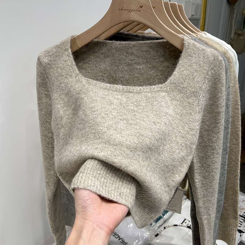 Fiber velvet yarn length 49 bust 45 sleeve length 60 2024 new square collar exposed collarbone knitted bottoming shirt