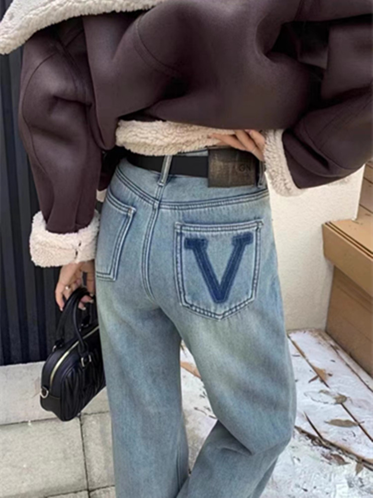 European high-waisted narrow-panel fashionable slim back pocket V-shaped straight wide-leg jeans for women