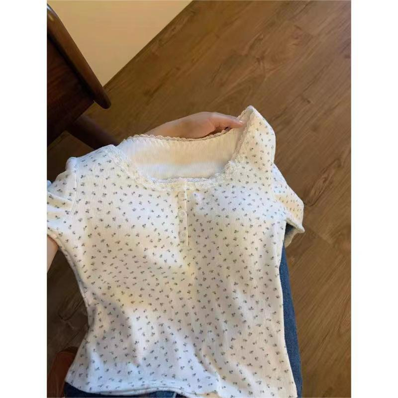 DeRong Pure Desire Floral Belt Padded Bottoming Slim Long Sleeve T-shirt Women's Autumn New Style Slim Fit Versatile Fashionable Clothes