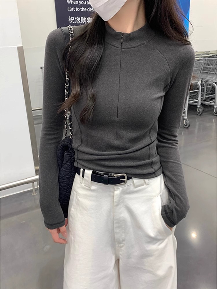 Gray half-zip stand-up collar German velvet inner bottoming shirt for women in autumn and winter short slim long-sleeved T-shirt brushed top