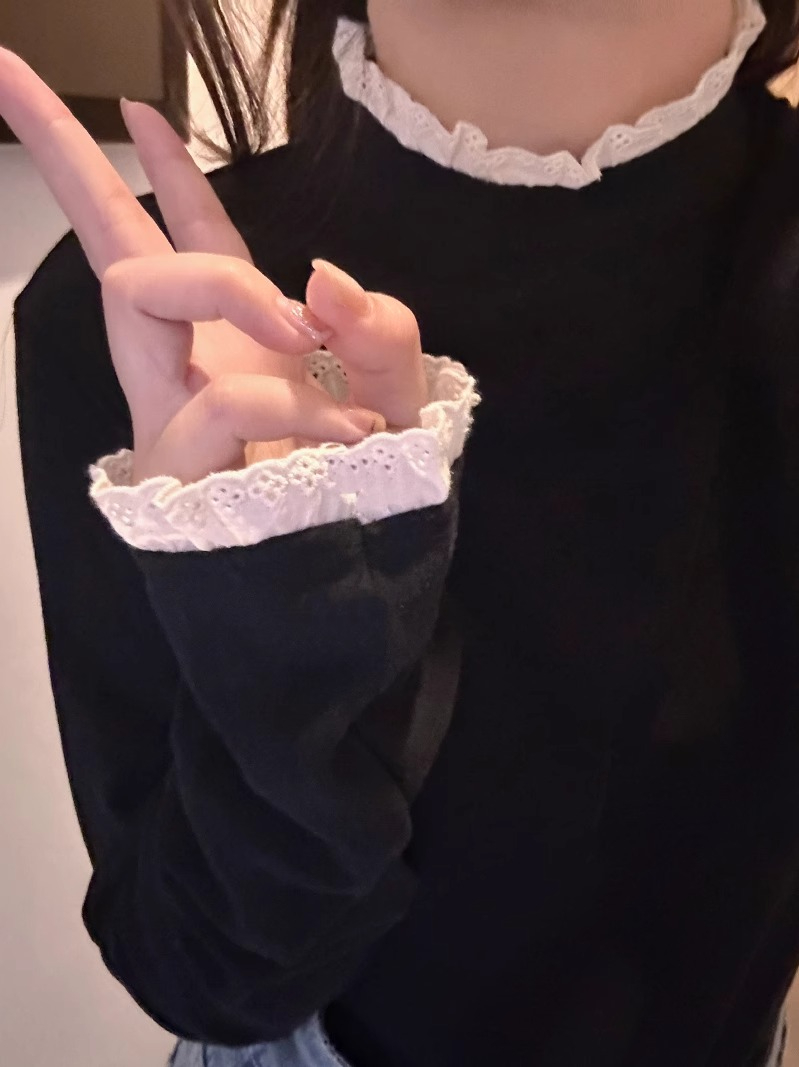 Threaded German velvet half-high collar lace long-sleeved bottoming shirt autumn and winter new slim and warm inner wear brushed top