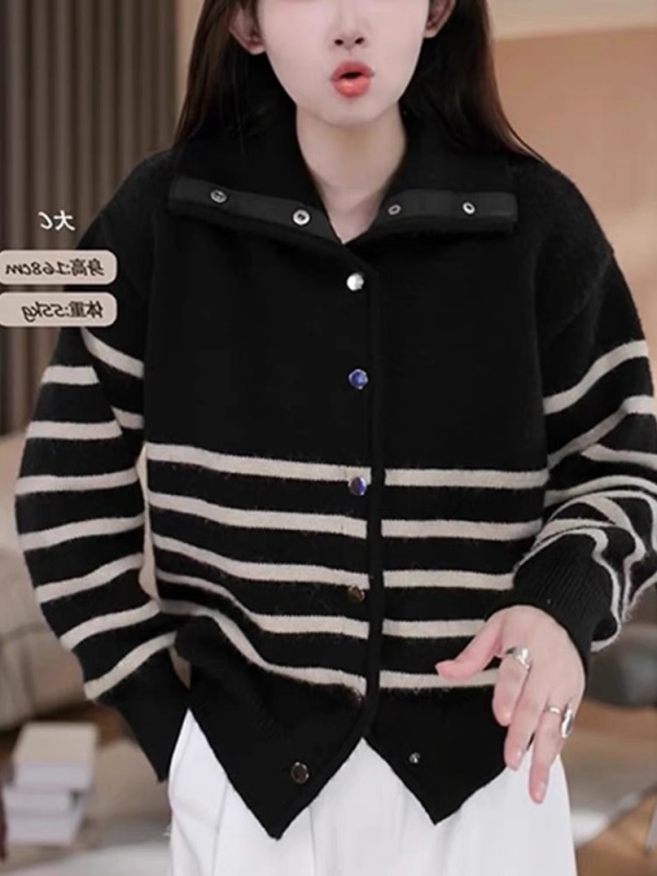 Contrast striped wool knitted cardigan autumn and winter European style slim long-sleeved sweater comfortable simple cashmere sweater for women