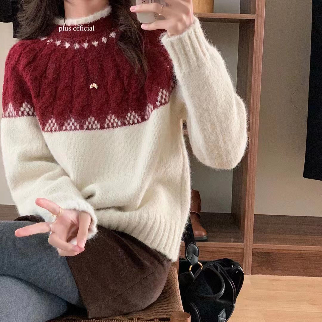 韓New！韓國東大門氣質圓領寬鬆套頭加厚民族風蜜熊羊毛毛衣女