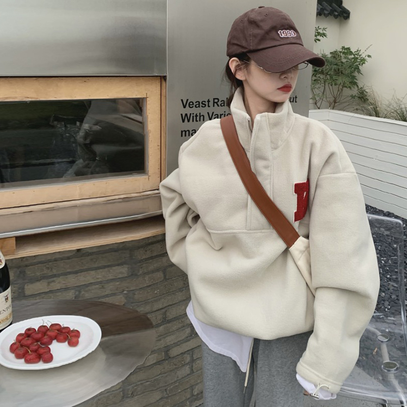 Official photo~Polar fleece composite silver fox fleece back collar hemmed stand collar polar fleece thickened sweatshirt for women winter