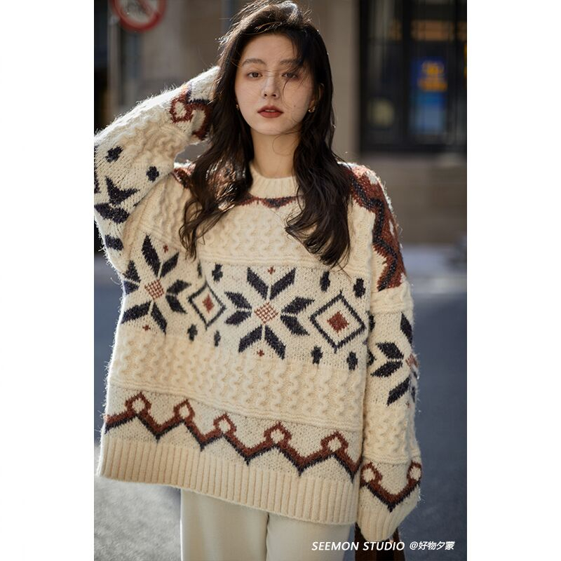 White soft and waxy gentle thickened top for women in spring and autumn Fair Isle design niche Japanese style retro temperament sweater