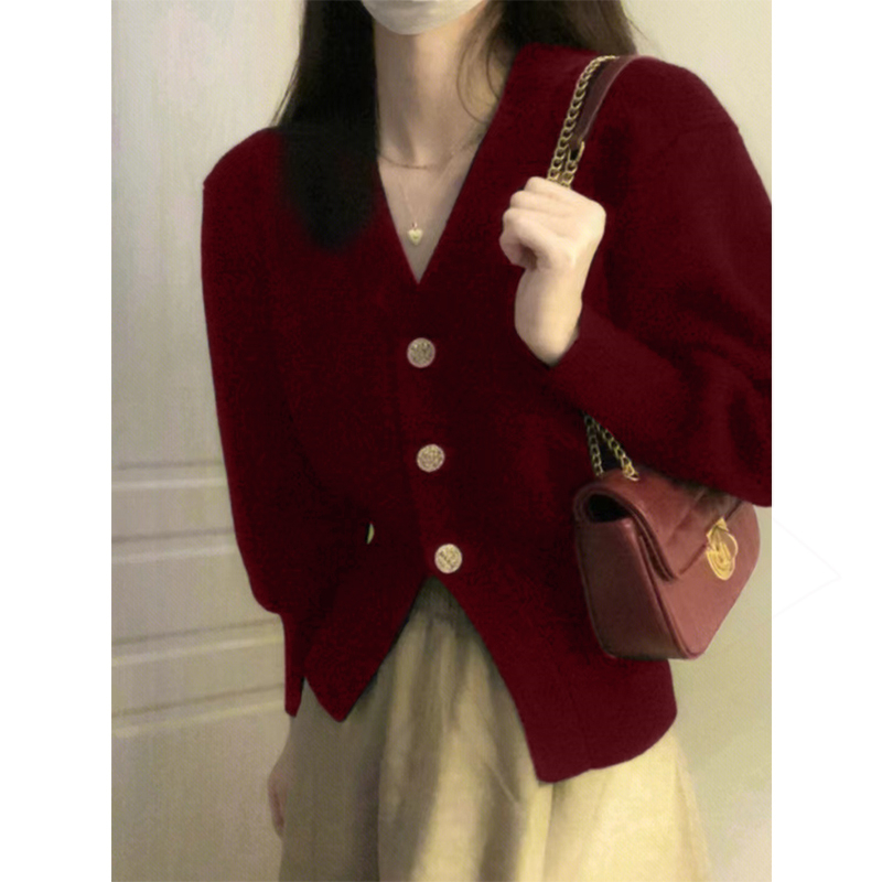 Burgundy sweater jacket for women 2024 spring new French retro niche V-neck knitted cardigan top