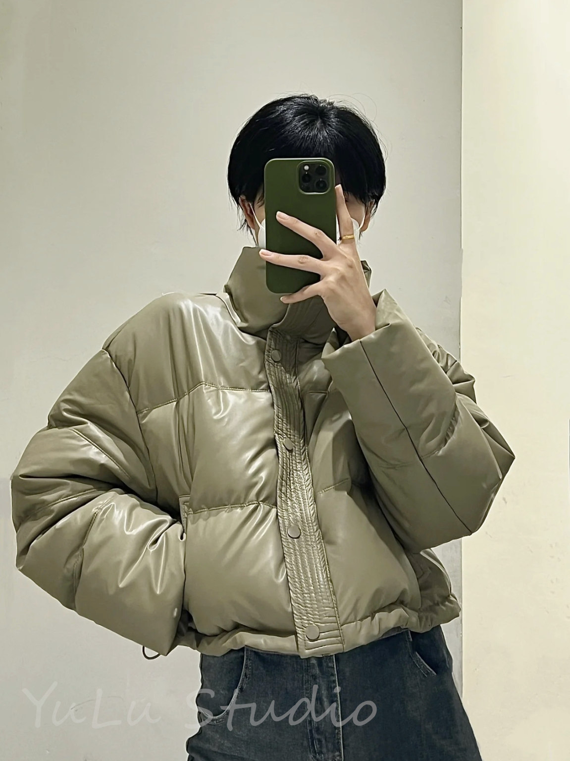 No-wash pu leather down jacket women's short 2023 new winter thickened stand-up collar bread coat small Kendou coat