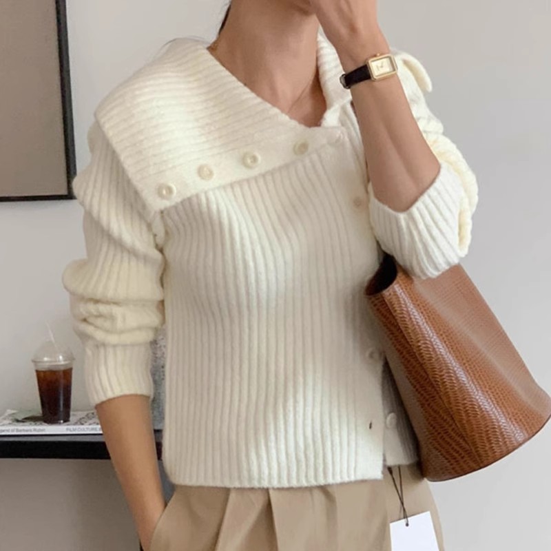 Korean chic winter niche temperament irregular lapel single-breasted pit strips loose and versatile long-sleeved knitted sweater