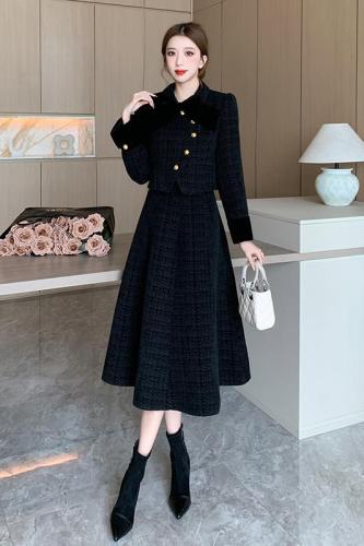 Actual shot of  winter celebrity bow small fragrant quilted jacket top + fishtail half-length skirt two-piece set