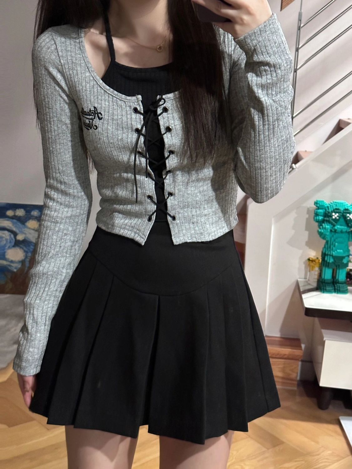 純欲辣妹短款假兩件刺繡上衣女時尚洋氣秋季女裝正肩美式復古T恤