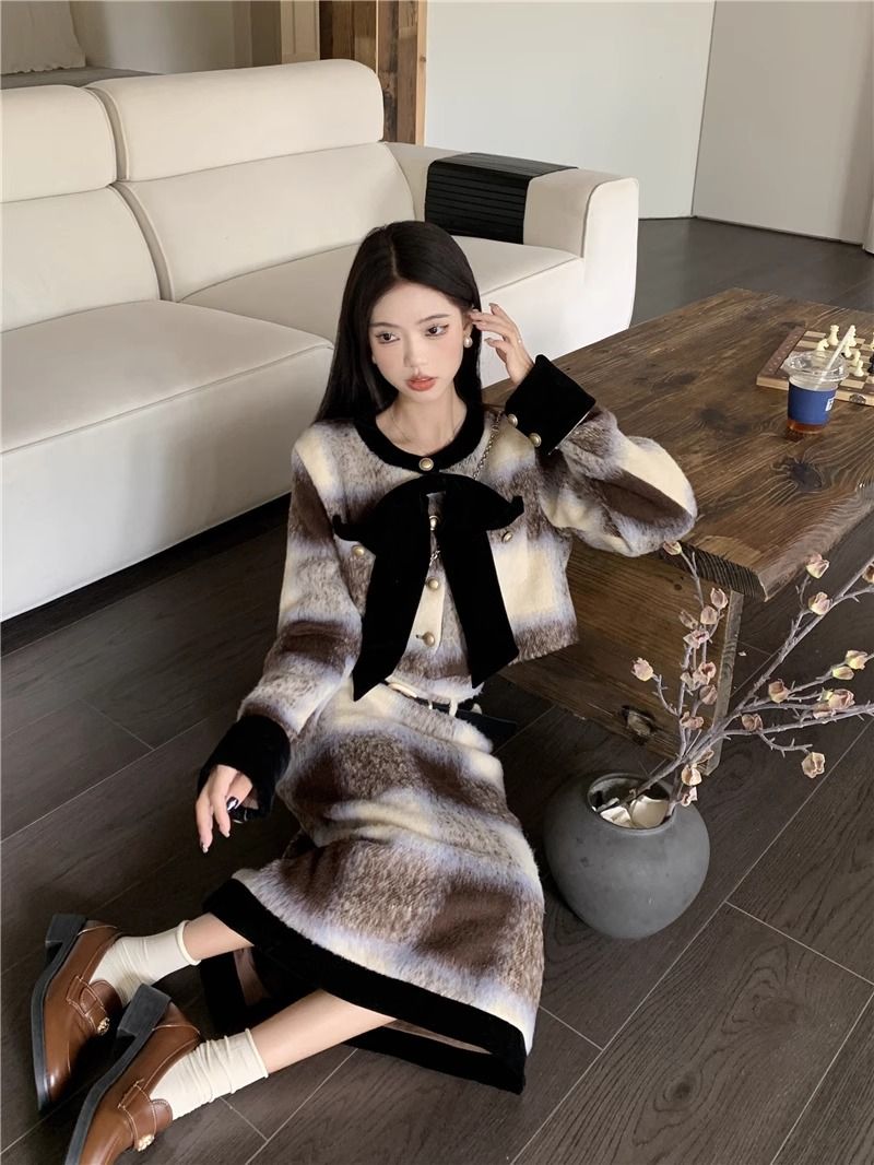 Maillard retro plaid bow long-sleeved woolen coat skirt women's autumn and winter 2023 new fashion suit