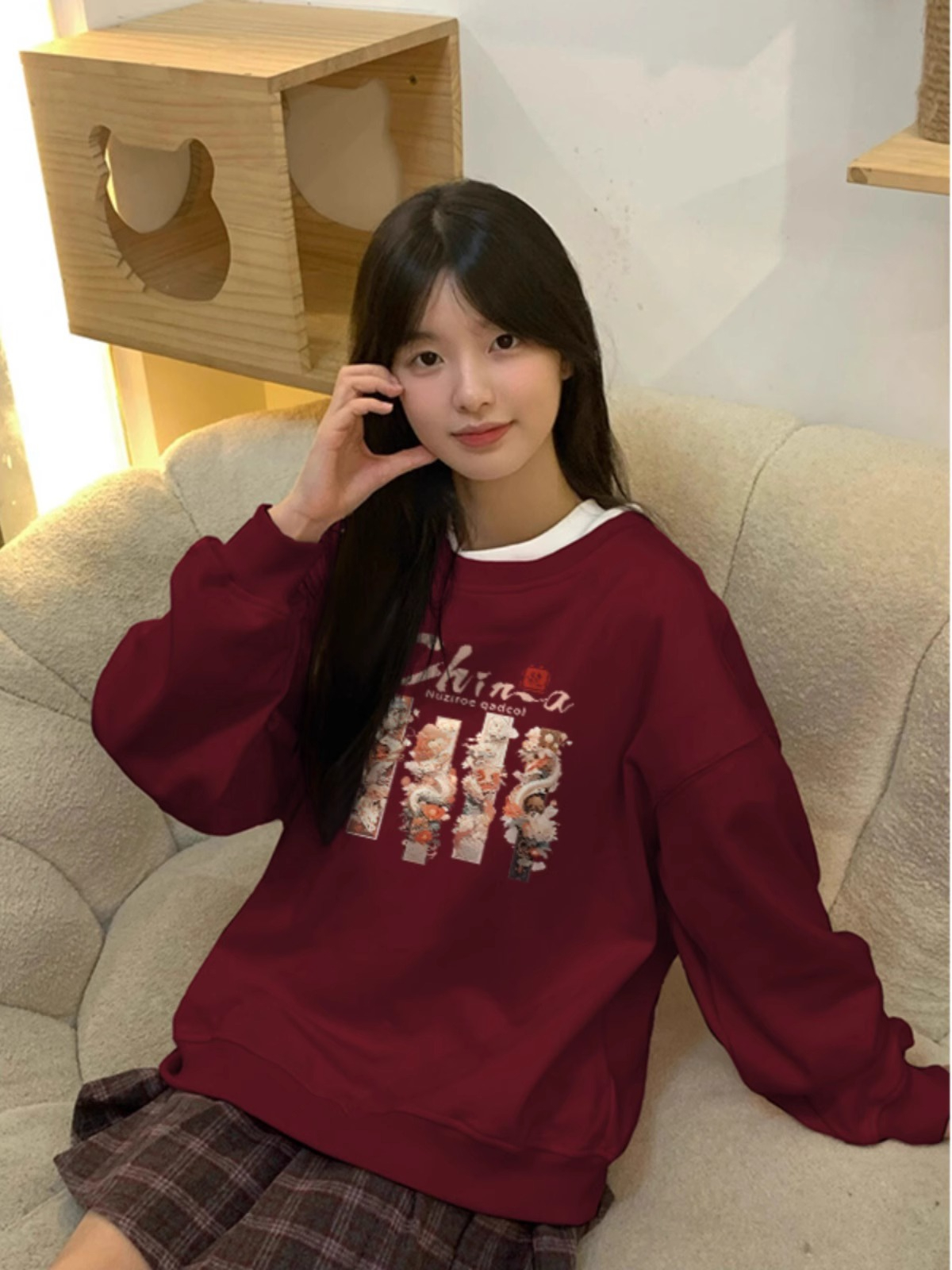 Anti-cotton Chinese cotton composite milk silk 300g/silver fox velvet 400g round neck sweatshirt for women