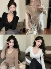 Real shot lace and gentle chest big waist thin lace collar long-sleeved undershirt inner wear elastic V-neck autumn and winter T-shirt 
