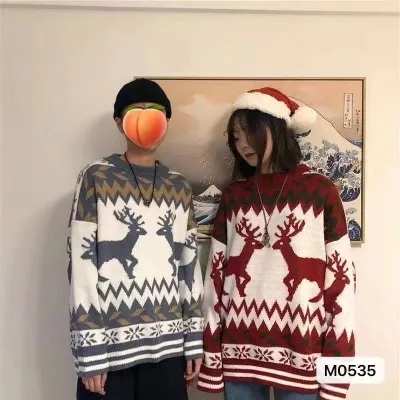 秋冬新款慵懶風聖誕小鹿毛衣長袖情侶裝上衣女