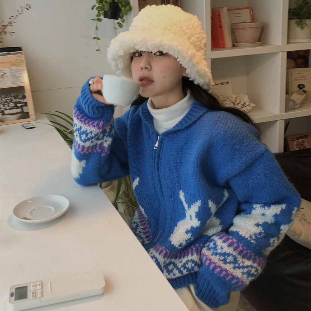 氛圍感  提花  厚實  保暖  拉鏈針織  毛衣