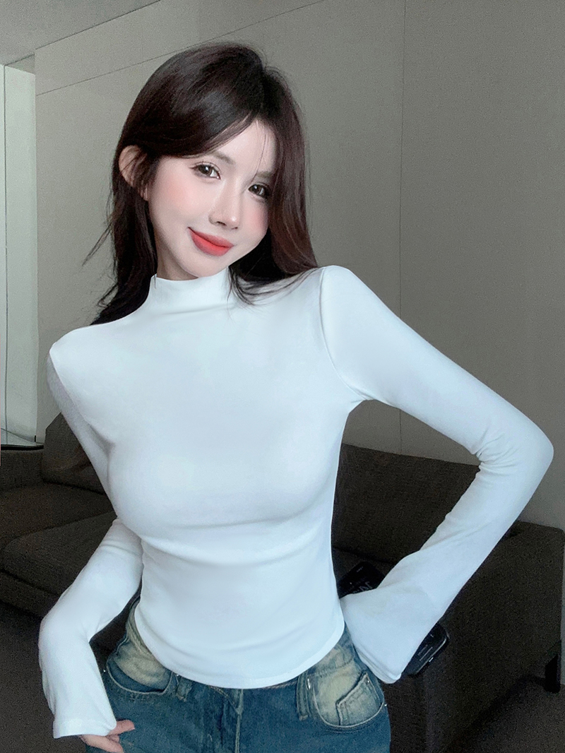 Actual shot of velvet warm half turtleneck bottoming shirt for women in autumn and winter versatile fleece slim slimming long-sleeved T-shirt