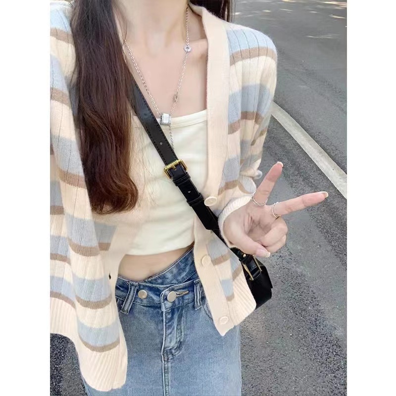 初秋chic條紋針織開衫外套女春秋新款2023早秋款穿搭韓系長袖上衣