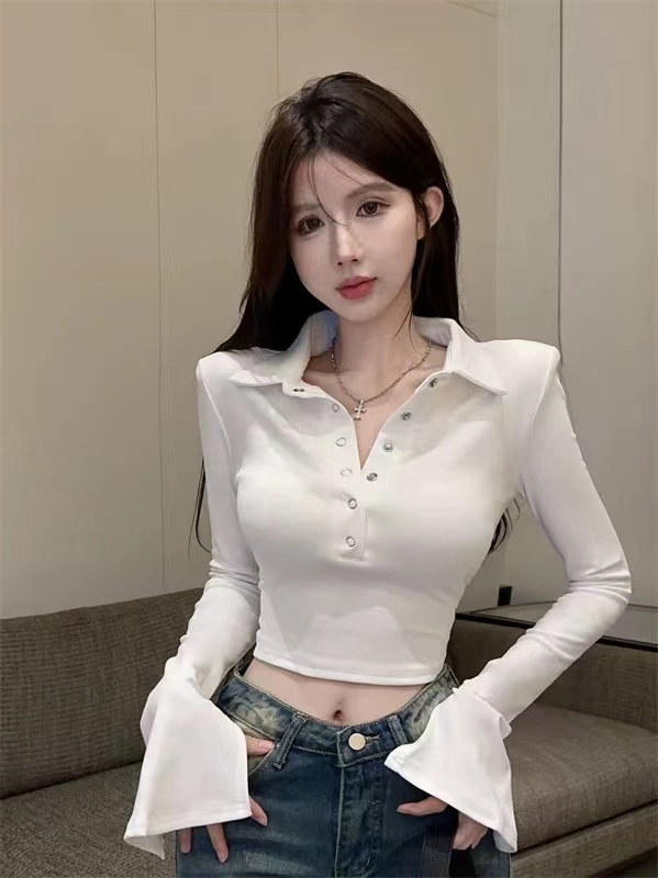 260g rayon spring and autumn chic sweet and spicy tight-fitting short POLO collar right shoulder top with niche design