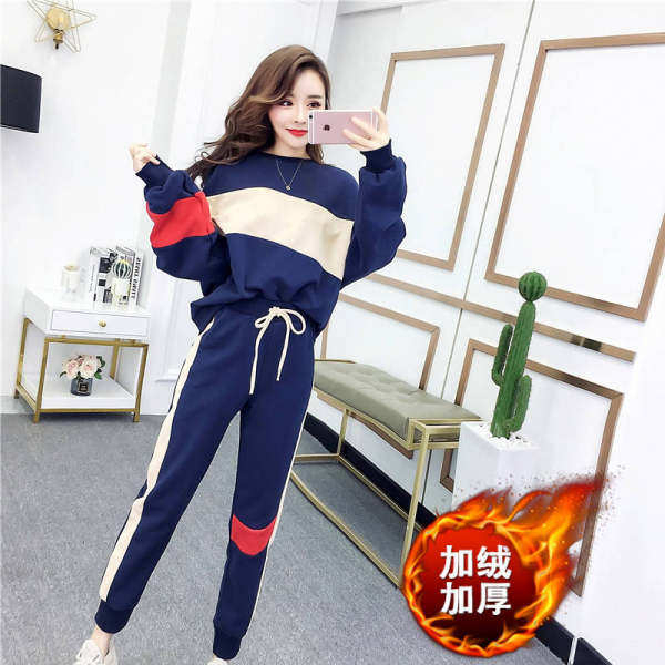 網紅套裝秋冬時尚小清新寬鬆高腰衛衣女加厚加絨運動兩件套