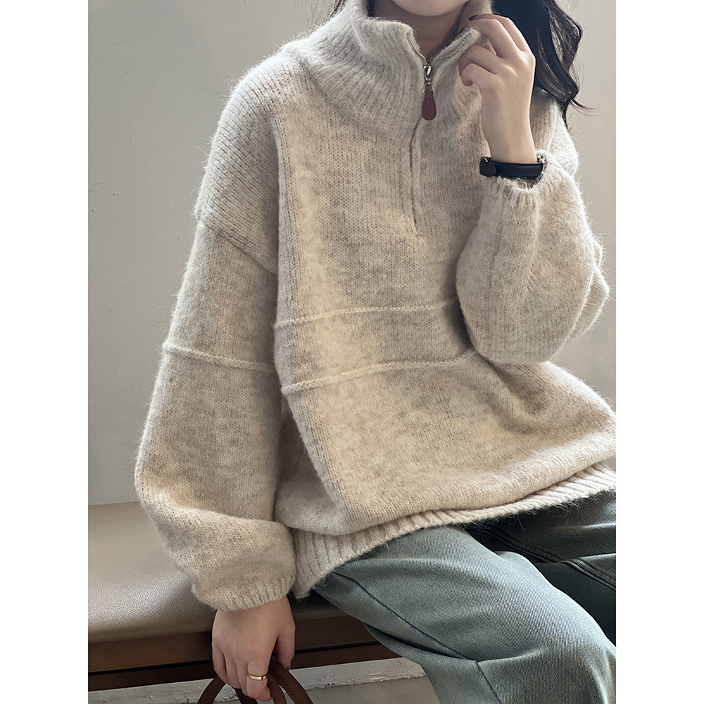 Actual shot ~ Korean style soft and waxy half-zip turtleneck sweater for women 2023 winter loose lazy style pullover top
