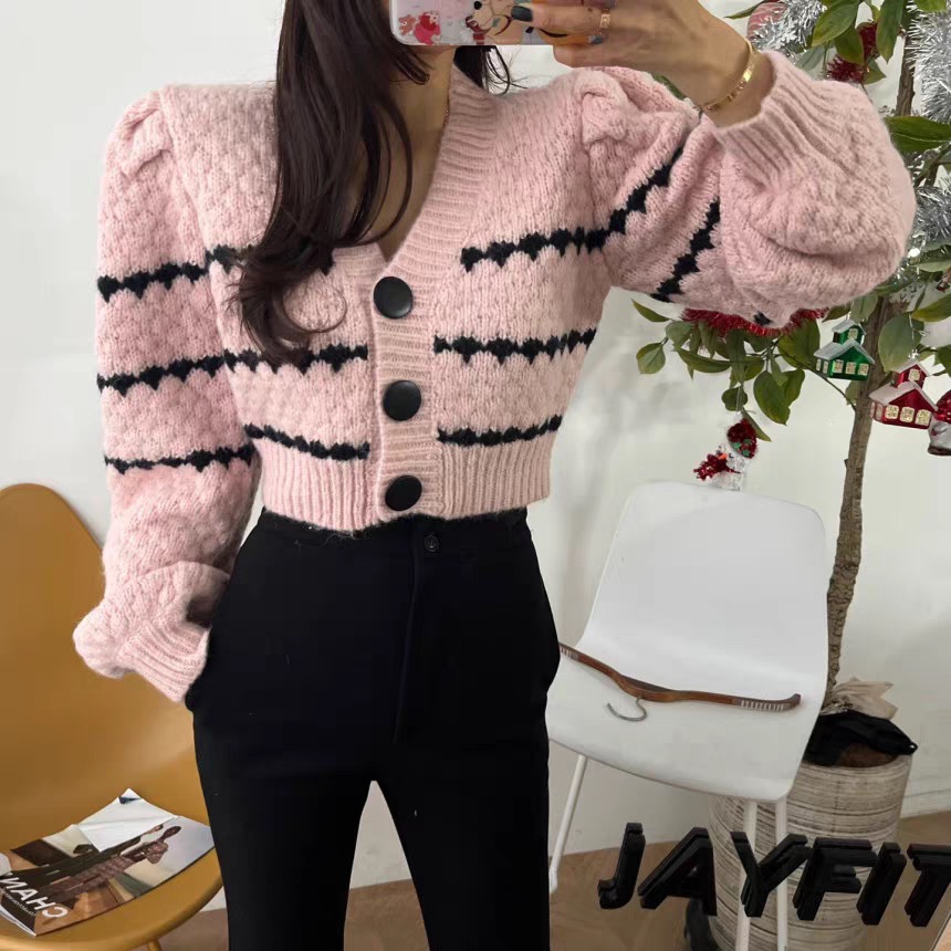 Korean 2023 winter new fashion ins single-breasted long-sleeved short sweater