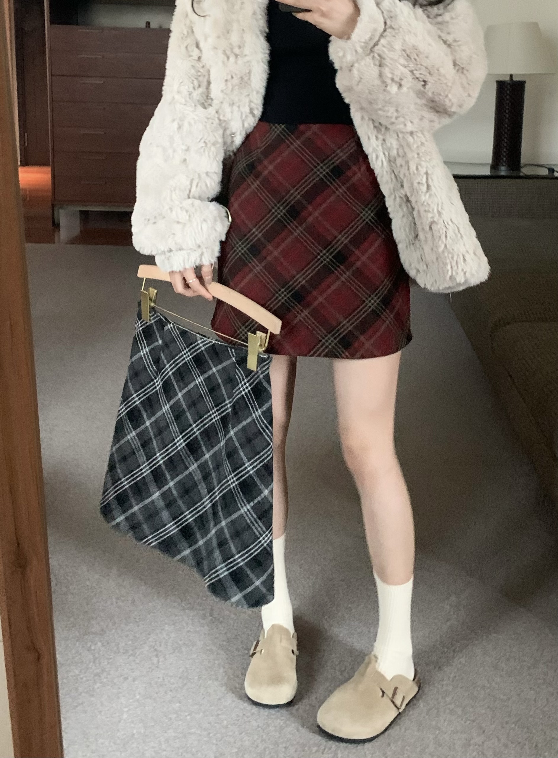 實拍～毛呢格紋短裙冬季莓果聖誕高腰半身裙