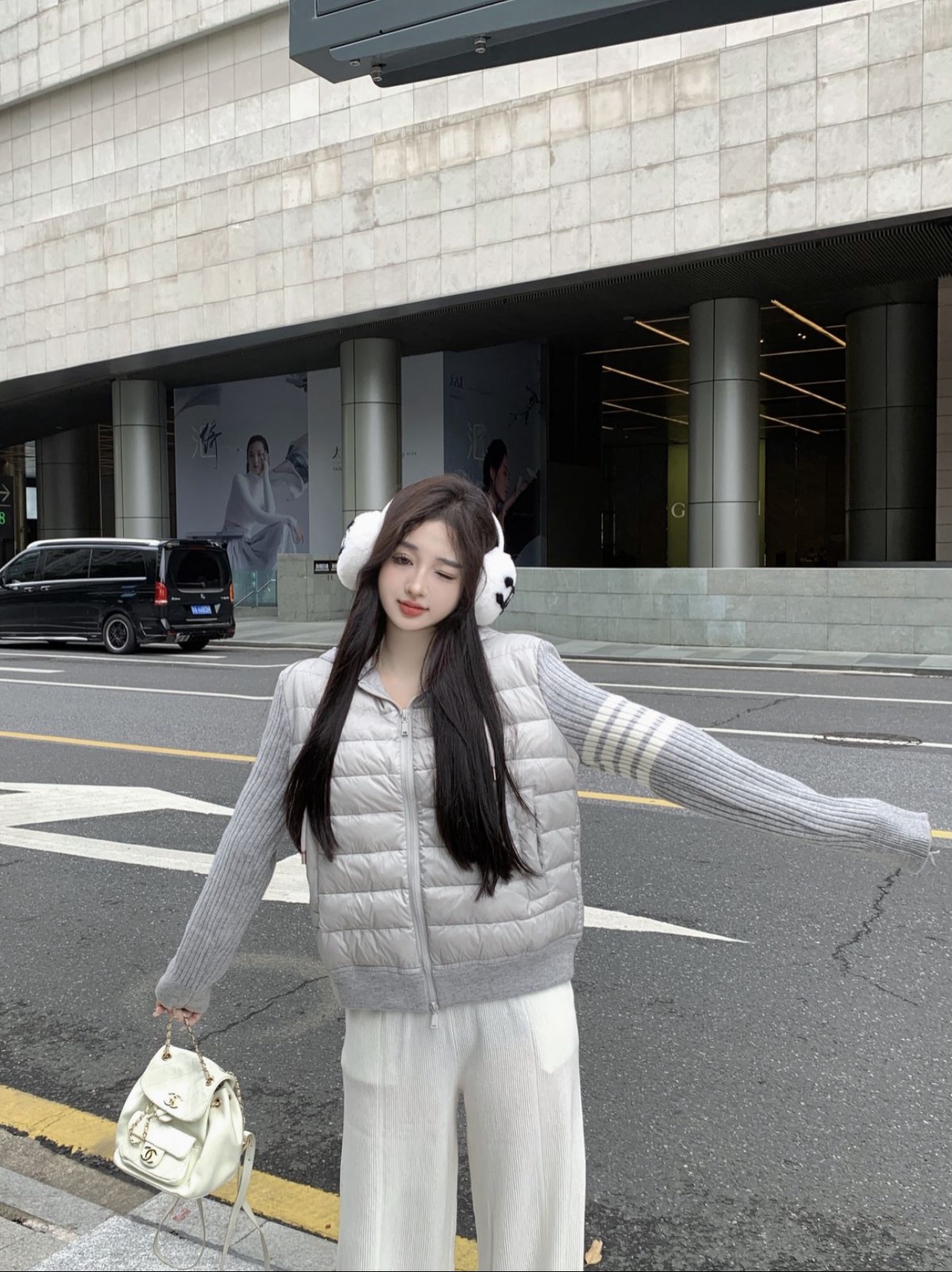 Real shot embracing the warm winter soft hooded down jacket spliced ​​knitted jacket straight knitted pants