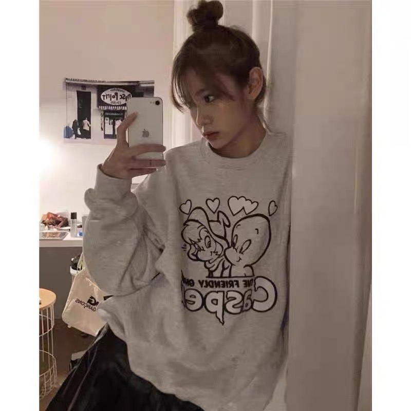 250g large sweatshirt winter plus velvet cute printed loose sweatshirt top women's trend