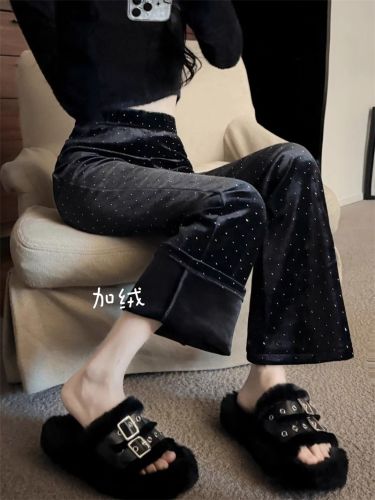 Plus velvet thickened velvet hot silver casual pants women's autumn and winter Korean version 2023 new Hong Kong style design slightly flared trousers trend